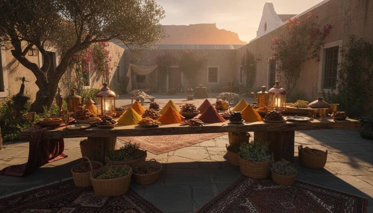 Dune inspired spice market table in a Cape Town courtyard at golden hour