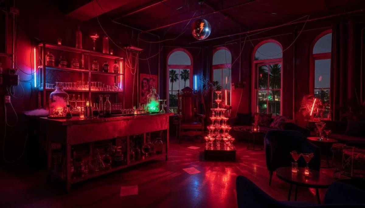 Rocky Horror inspired laboratory cocktail bar with red uplighting in a Durban venue.