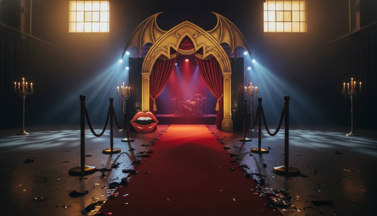 Rocky Horror inspired red carpet entrance with theatrical lighting in a Joburg studio.