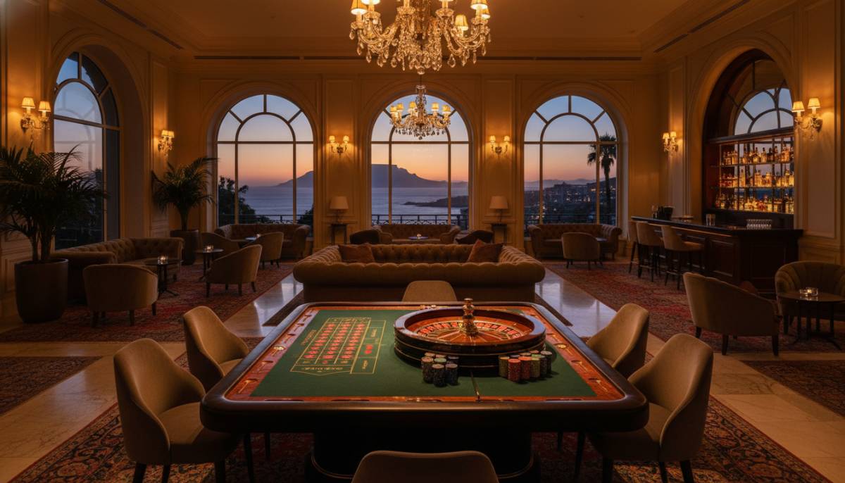 James Bond inspired casino lounge with a roulette table in a Cape Town venue.
