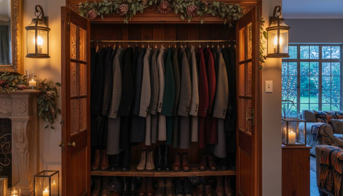 Wardrobe entrance with coats and lanterns at a Johannesburg house party.