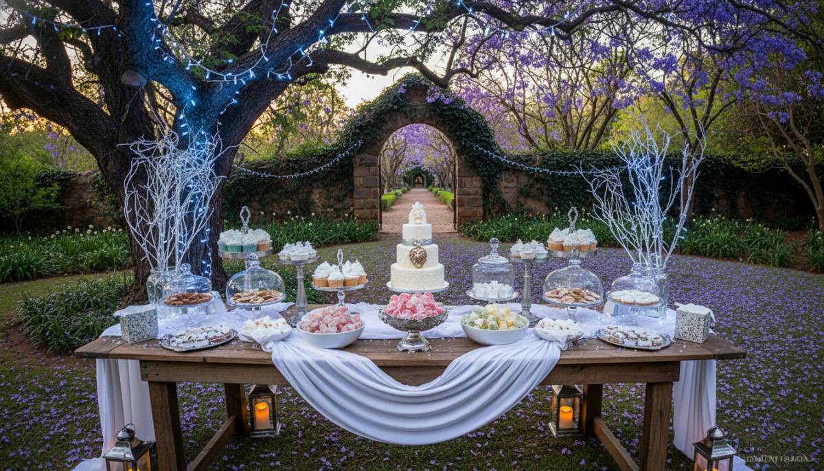 Narnia dessert table with Turkish delight in a Pretoria garden venue.