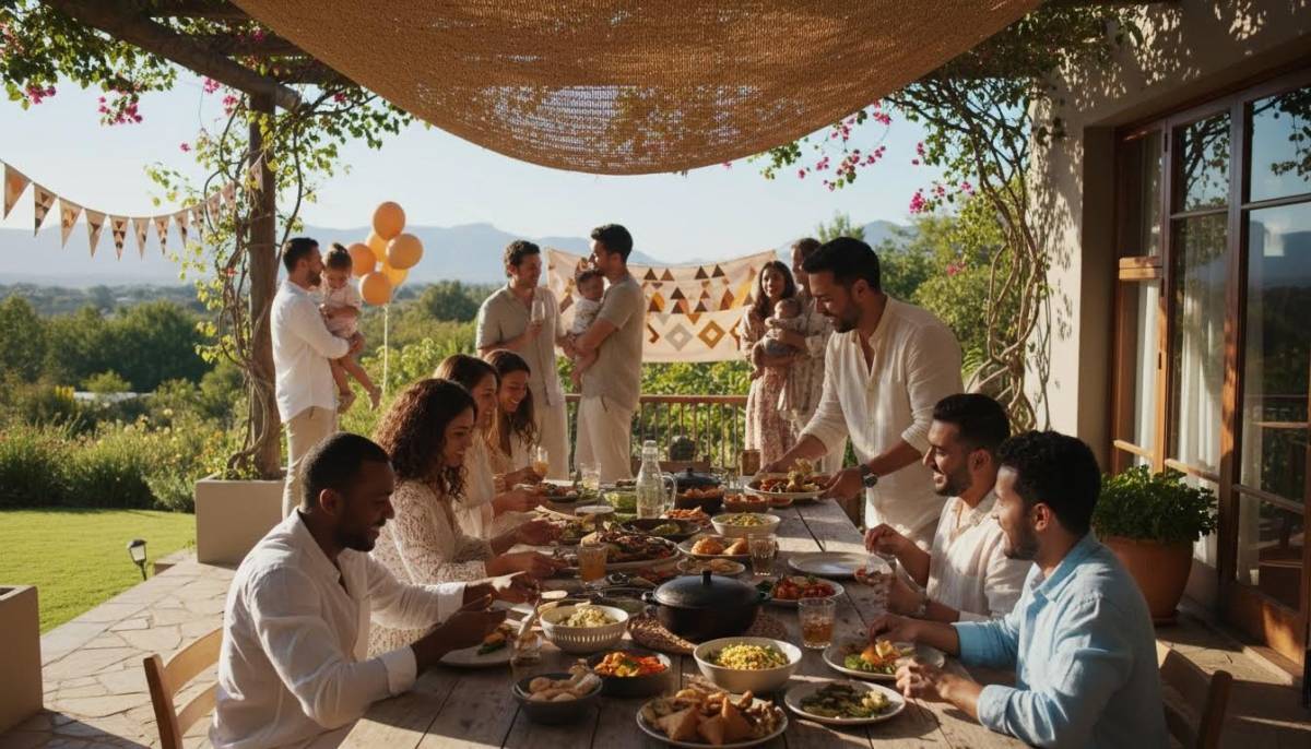 Friends eating together on a shaded patio