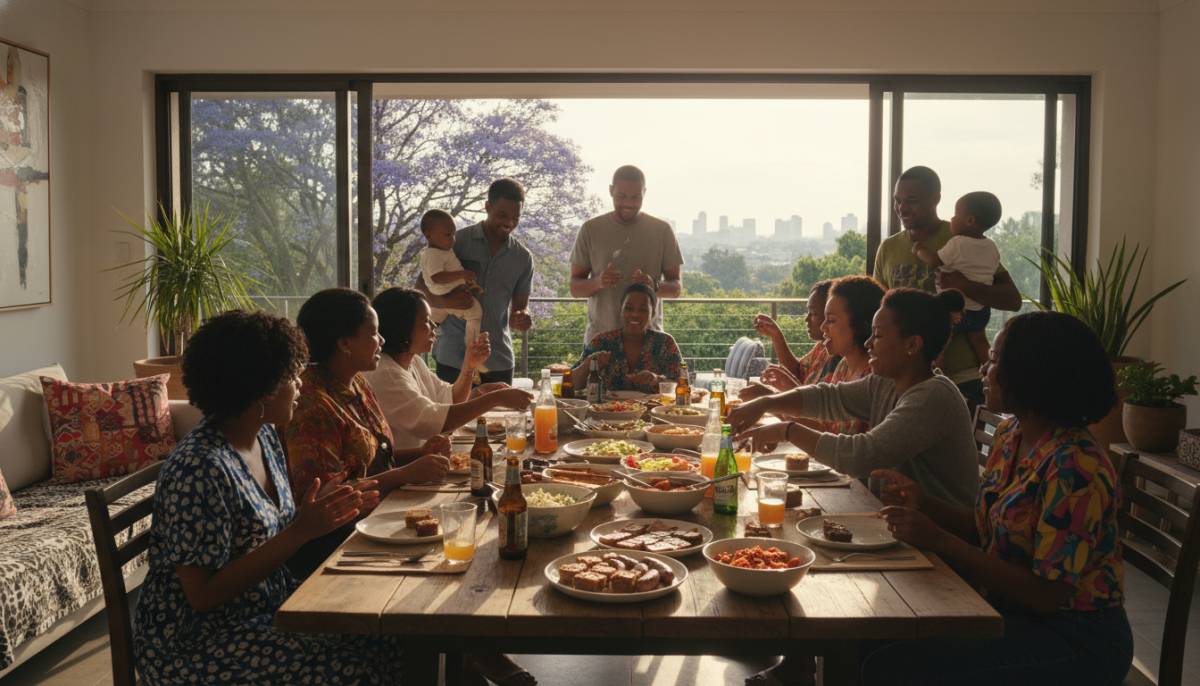 Family gathered around a moving-in party food table