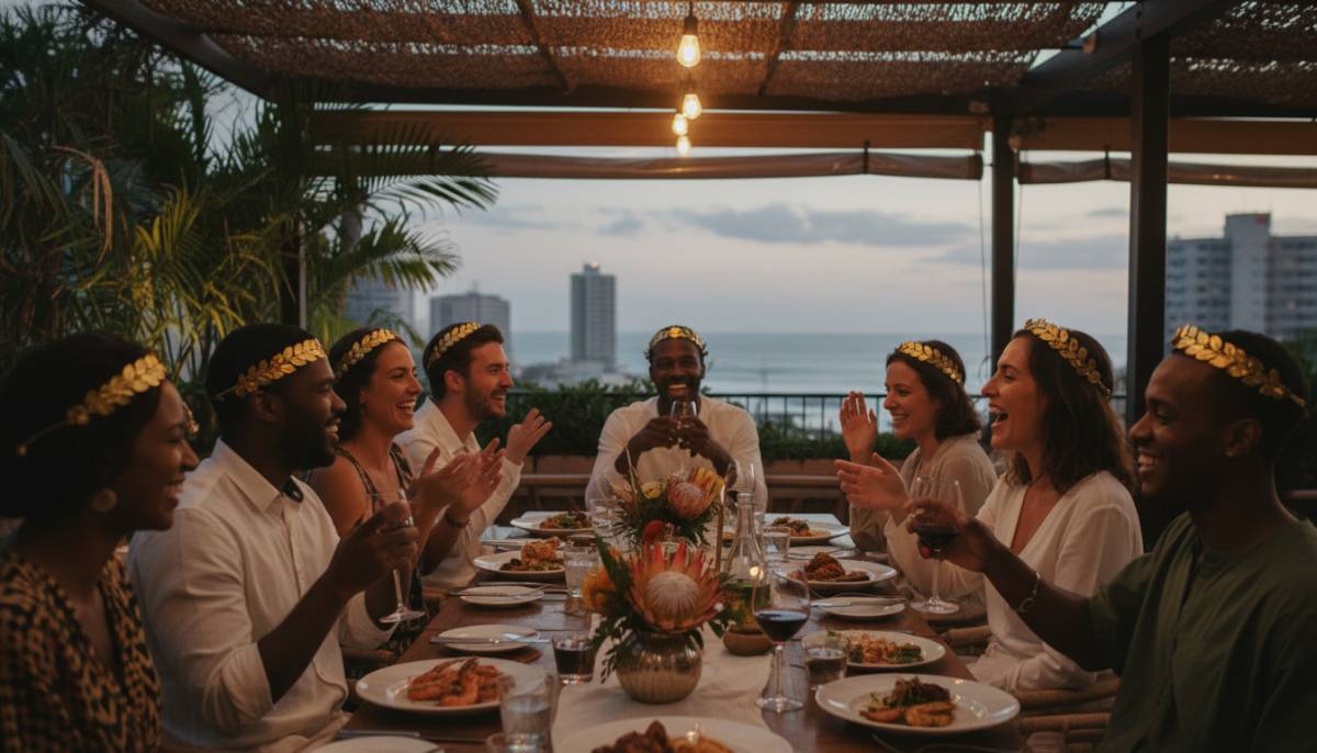 Guests wearing laurel crowns at a mythology party