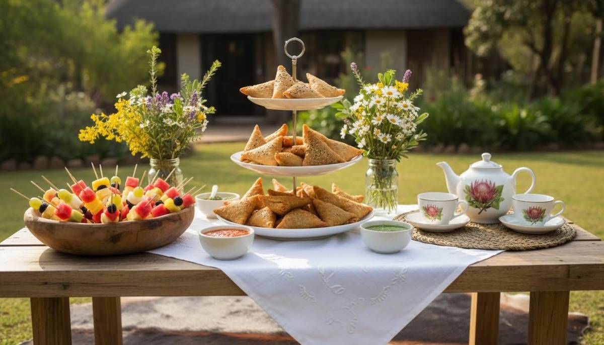 Tea table with savoury snacks and fruit