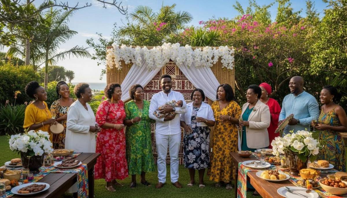 Family celebrating near naming ceremony backdrop