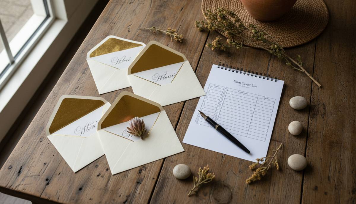 Final RSVP list beside invitation envelopes
