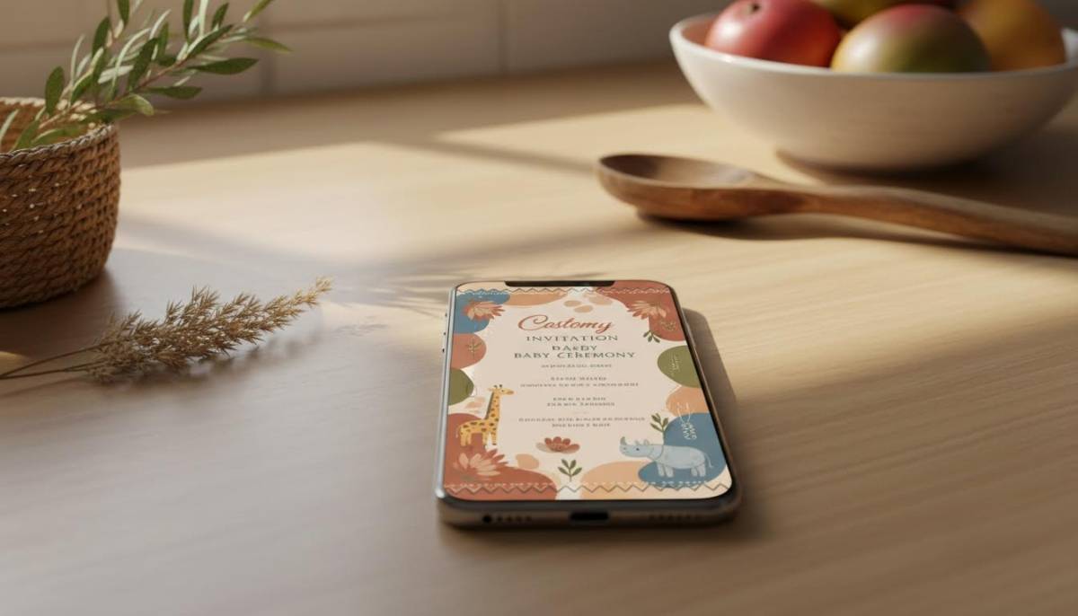 Digital naming ceremony invite on a phone
