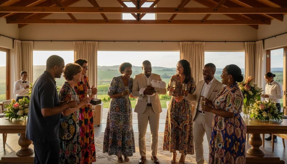 Guests greeting parents at a naming ceremony
