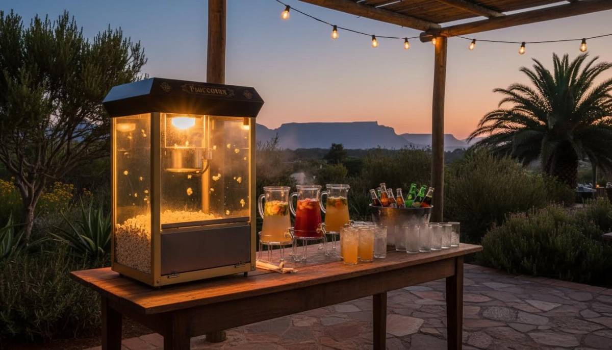 Popcorn machine beside celebration drinks table