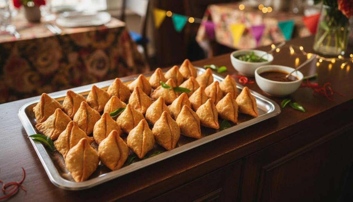 Mini samoosas on a serving tray