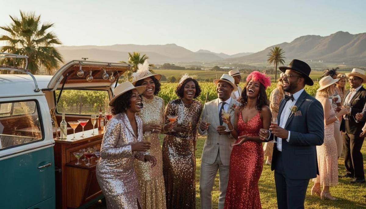 Guests in vintage glam outfits near a bar
