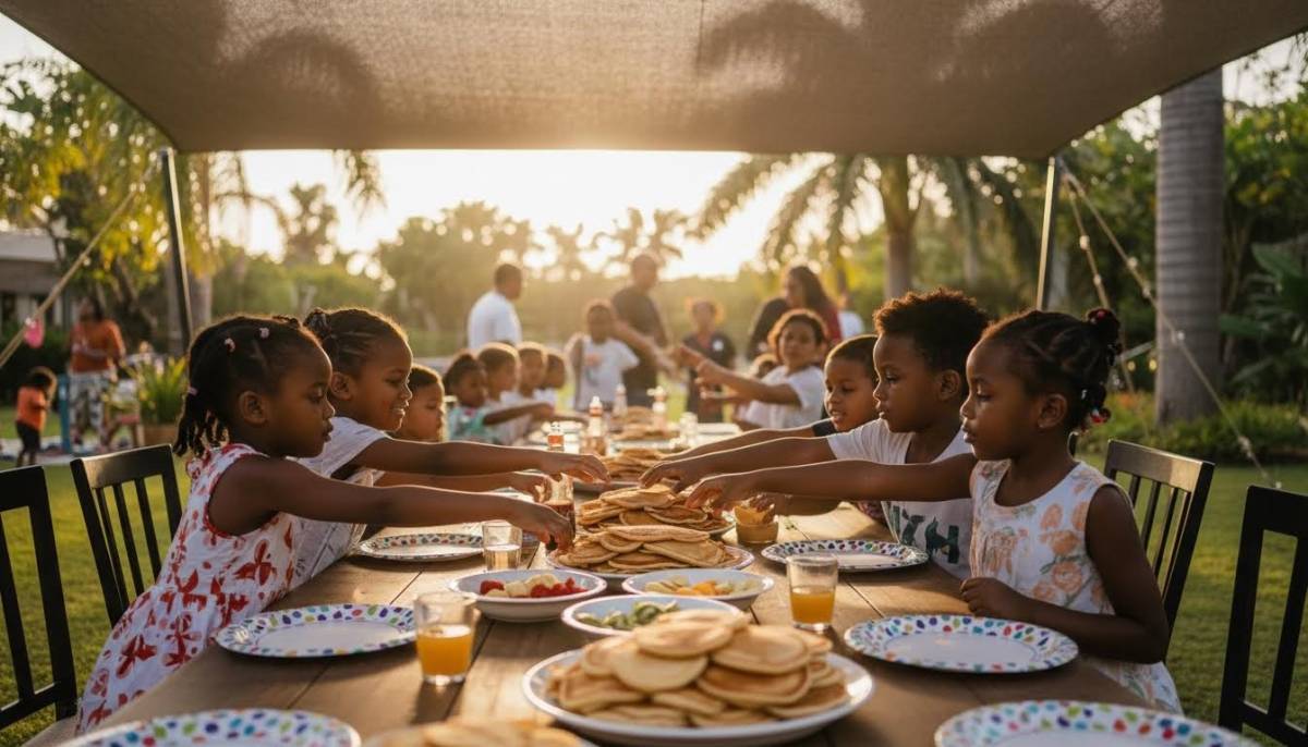 Children choosing pancakes at a party table