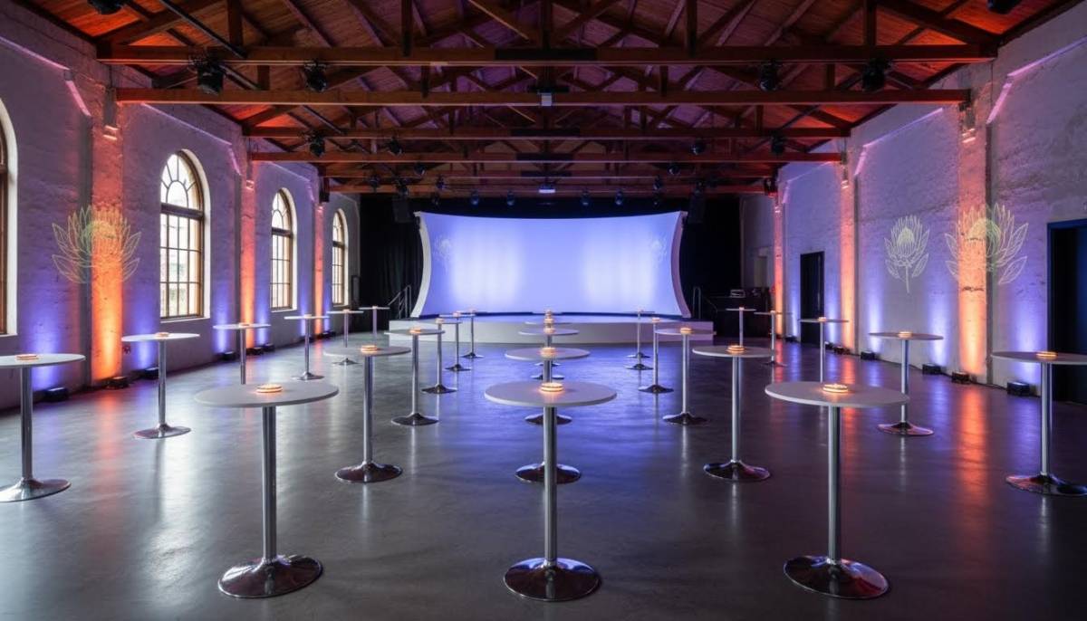 Empty venue with coloured uplighting
