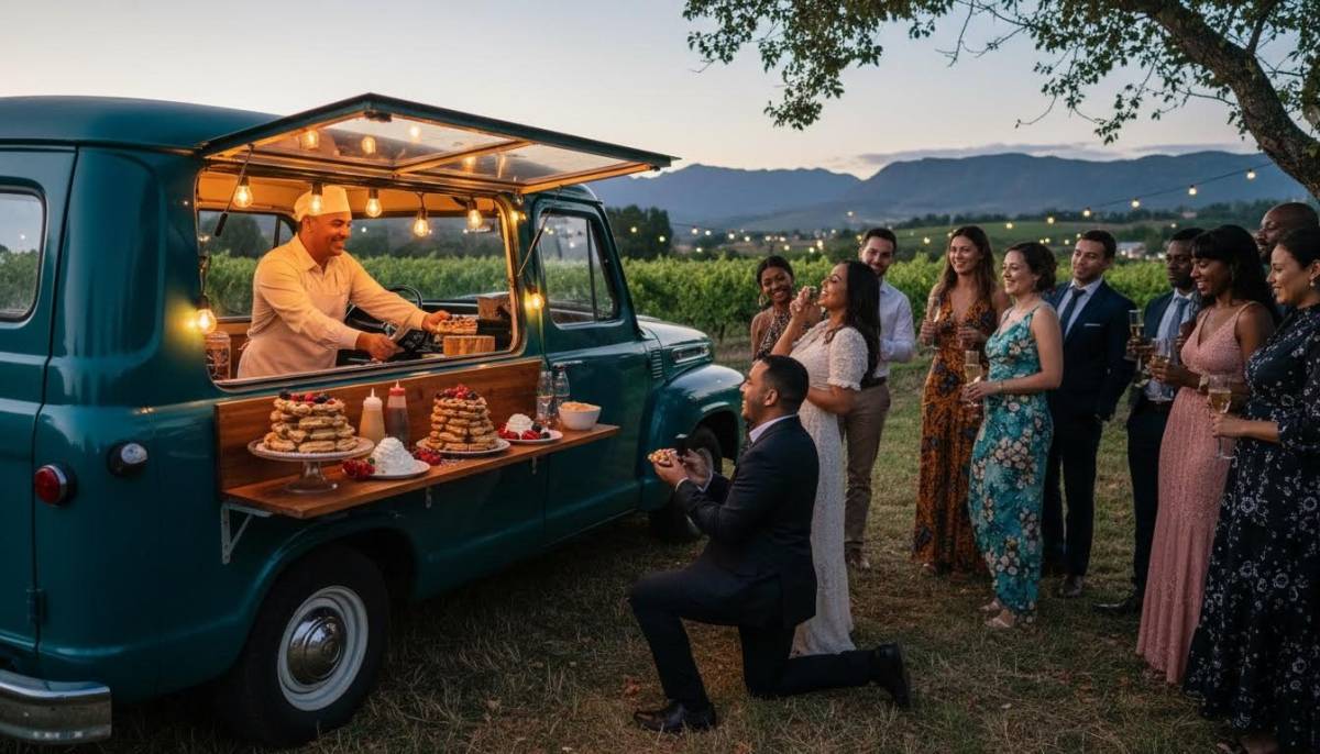 Guests at a dessert truck during proposal party