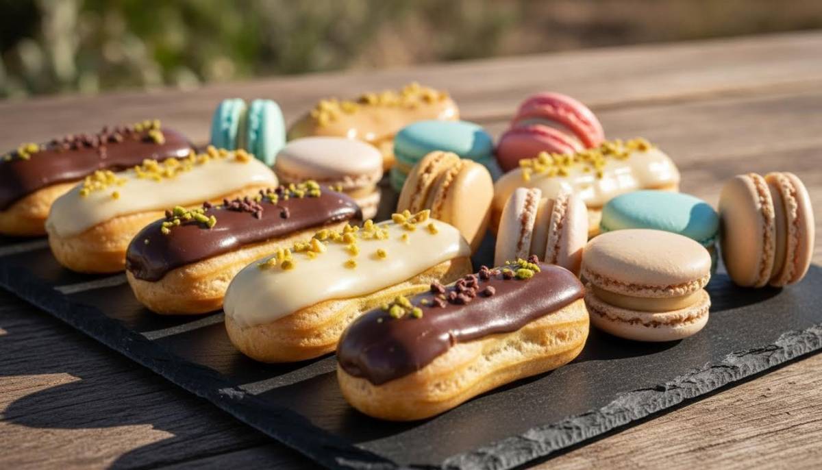 Mini eclairs and macarons on platter