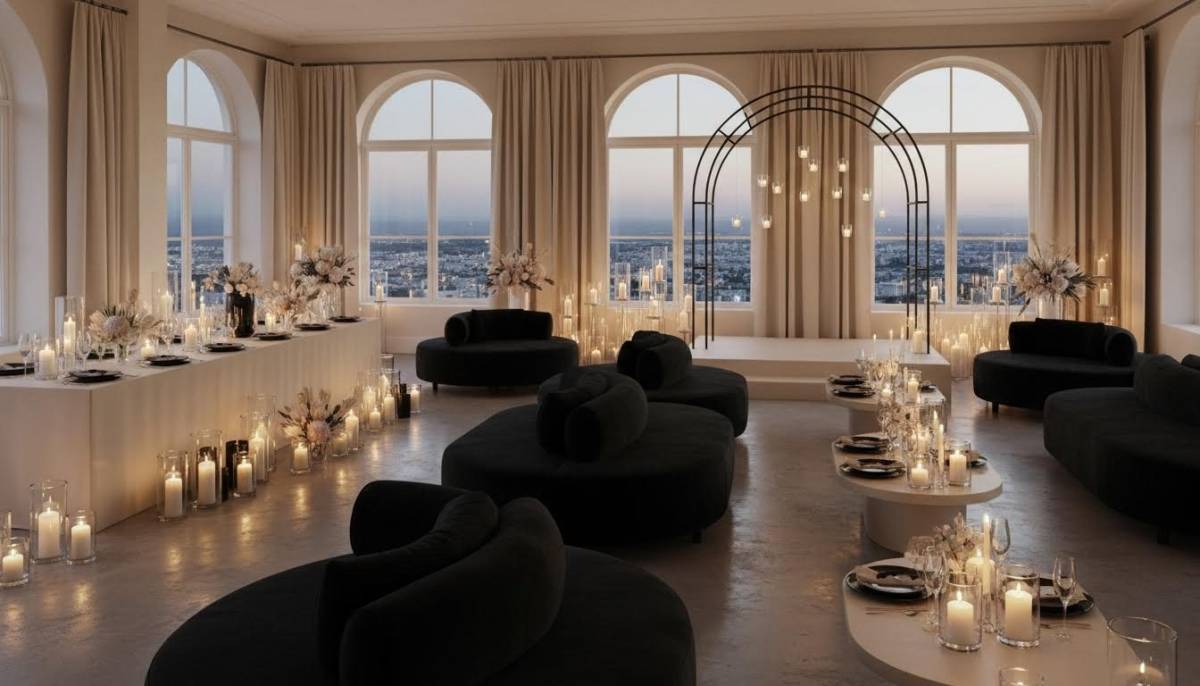 Black and cream proposal lounge setup