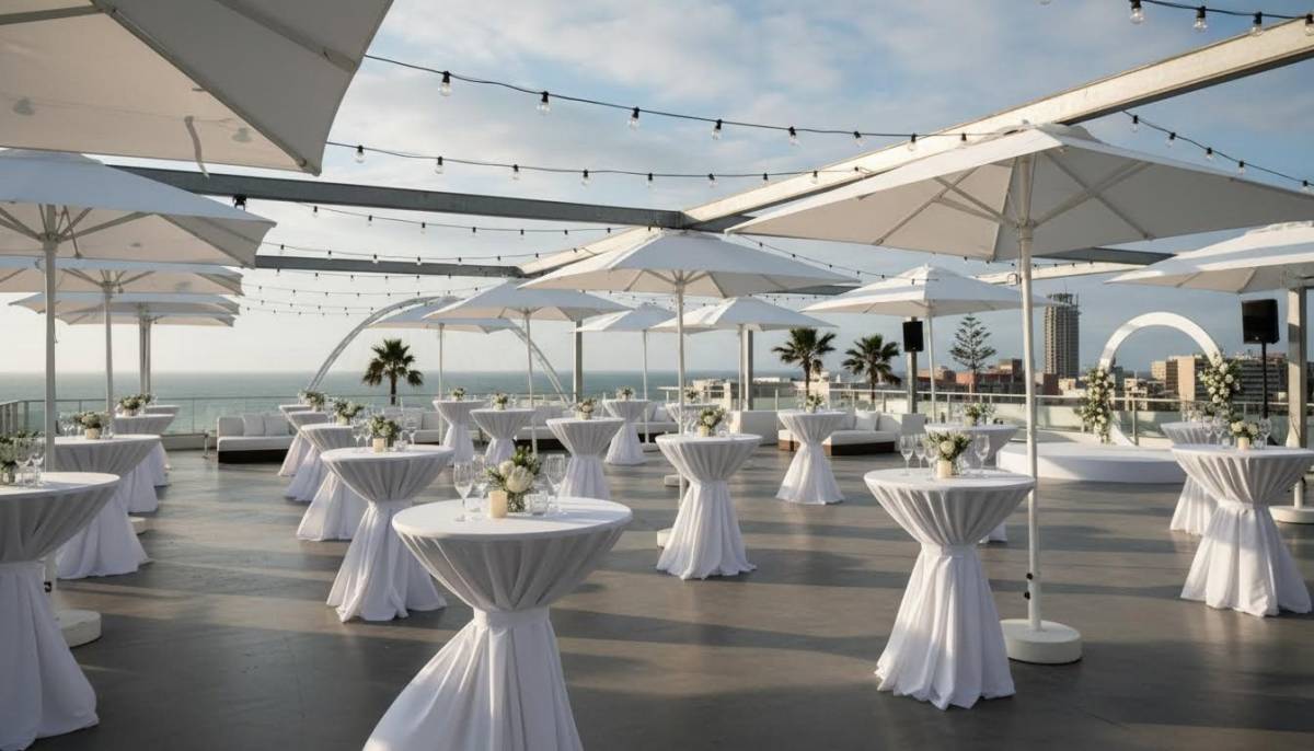 Empty rooftop setup before a proposal party
