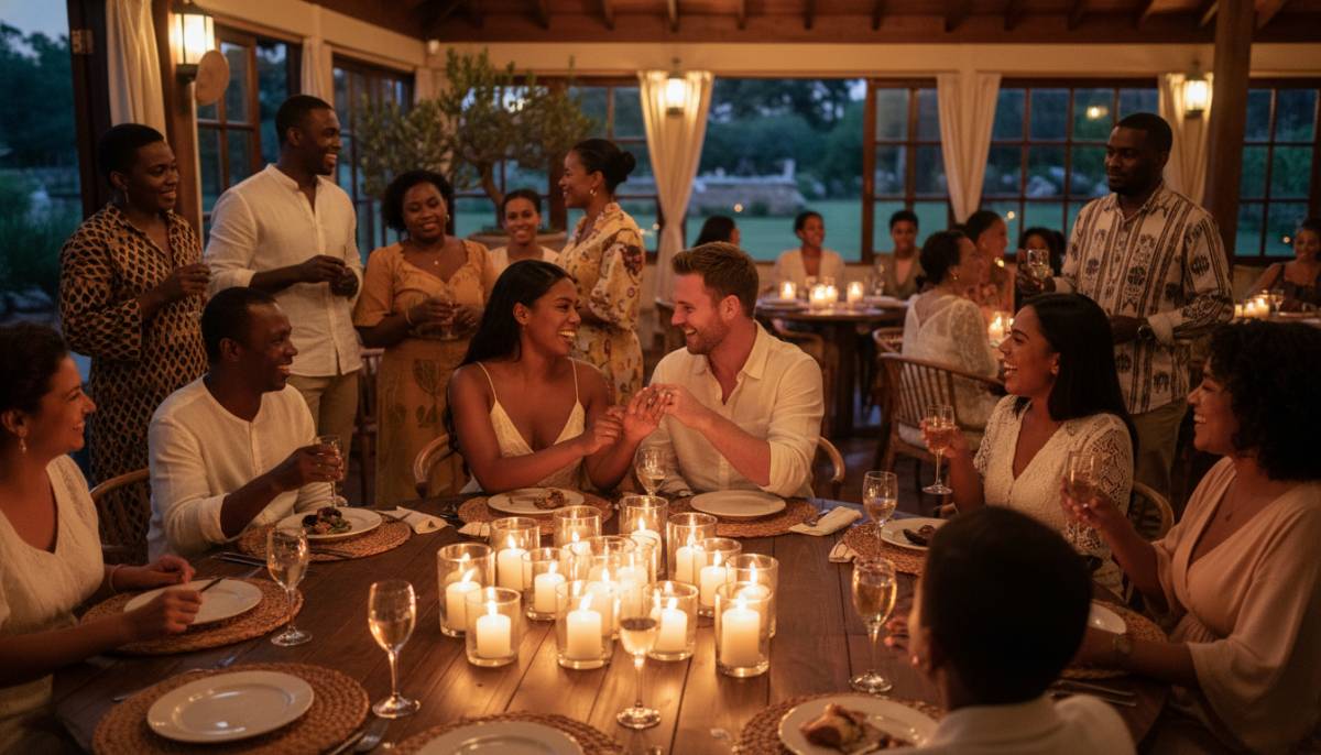 Family celebrating an engagement at a table