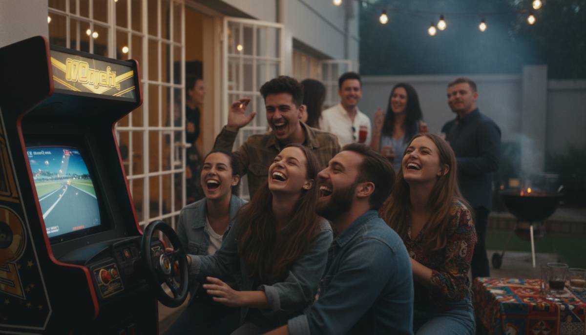 Guests playing arcade games at a party