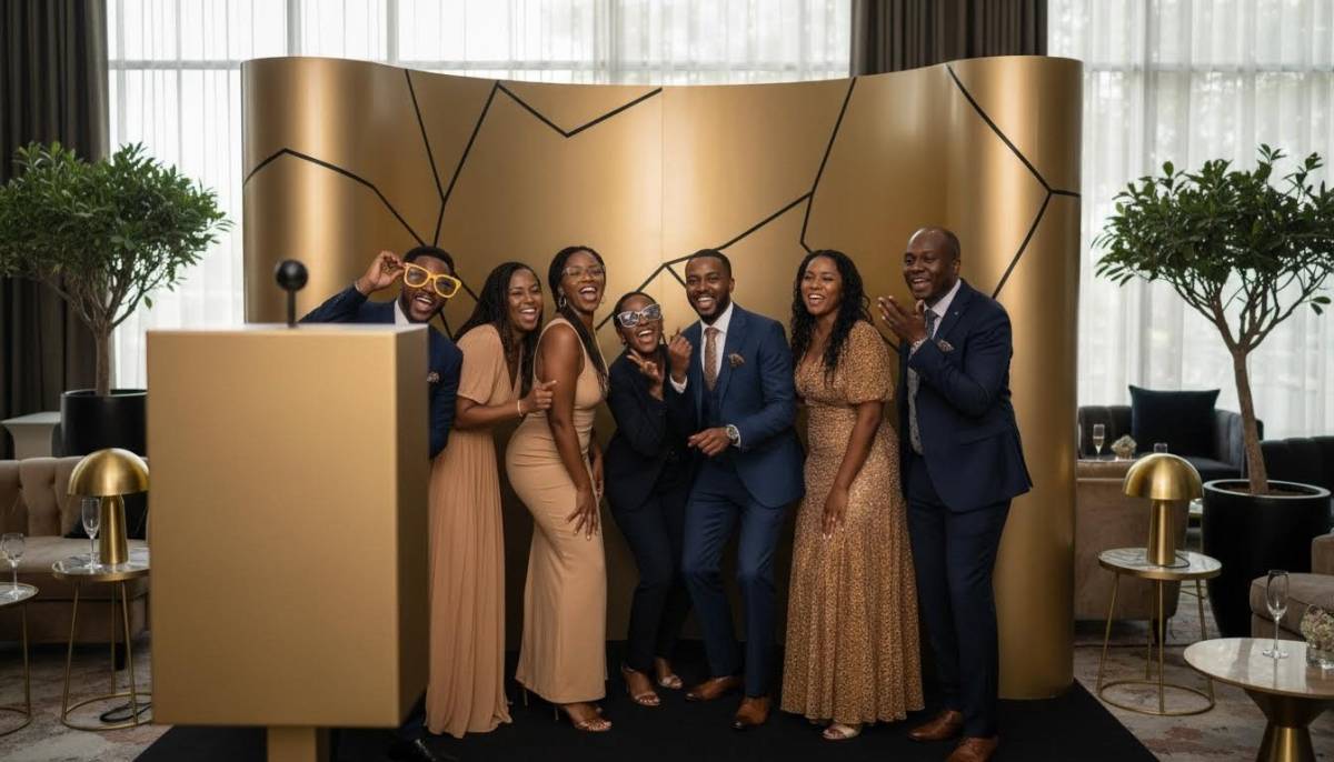 Guests using a photobooth at a party