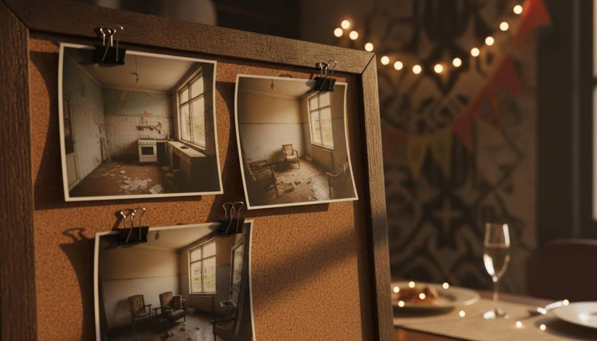 Before photos displayed at a renovation reveal