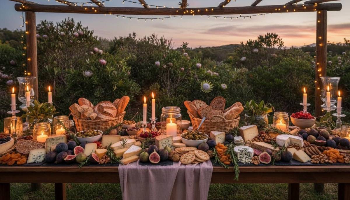 Romantic grazing table with cheeses and breads