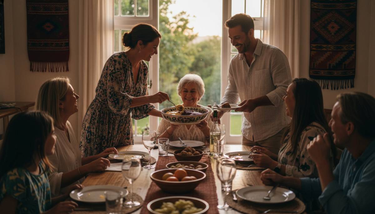 Couple serving dessert at a family dinner party