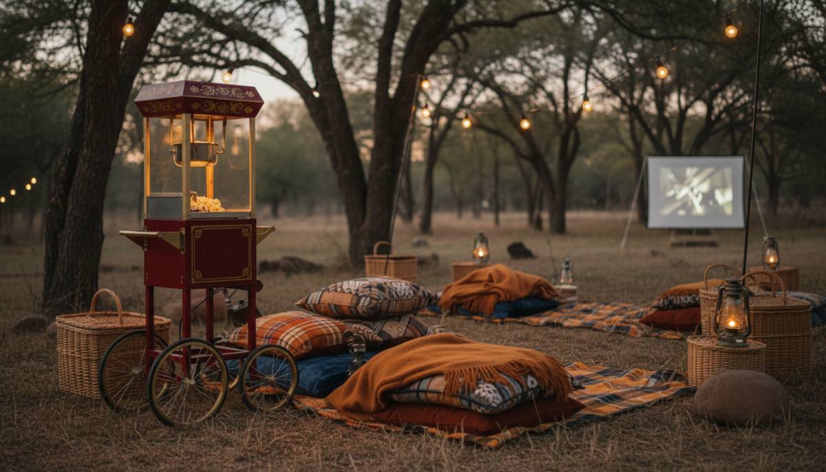 Popcorn machine beside outdoor romantic seating