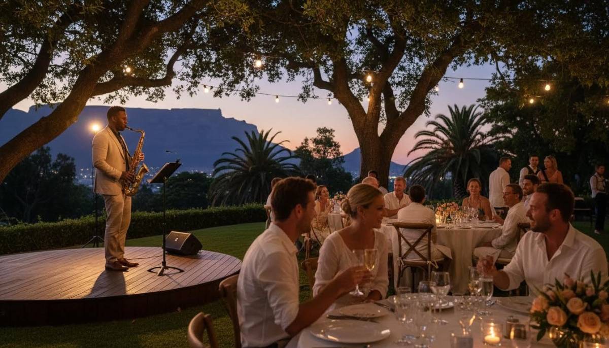 Saxophonist playing at a romantic dinner with guests