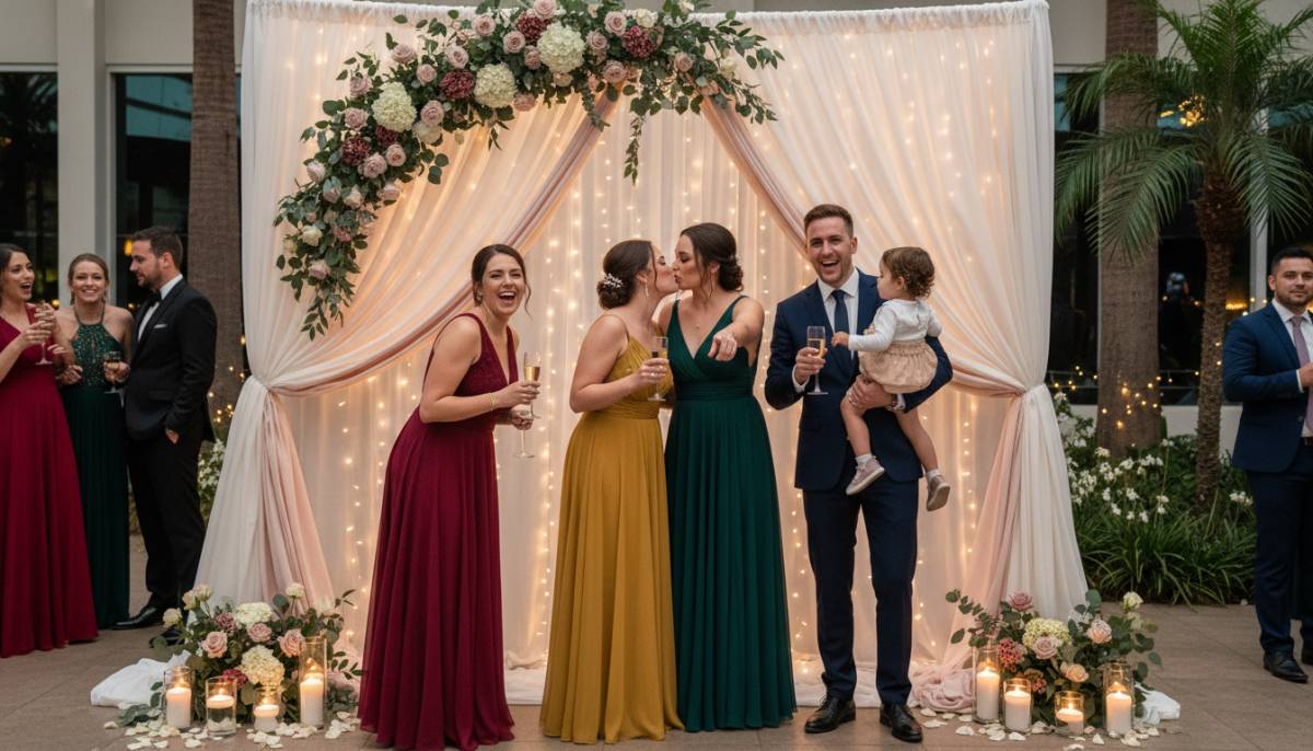 Guests posing at a romantic photo backdrop