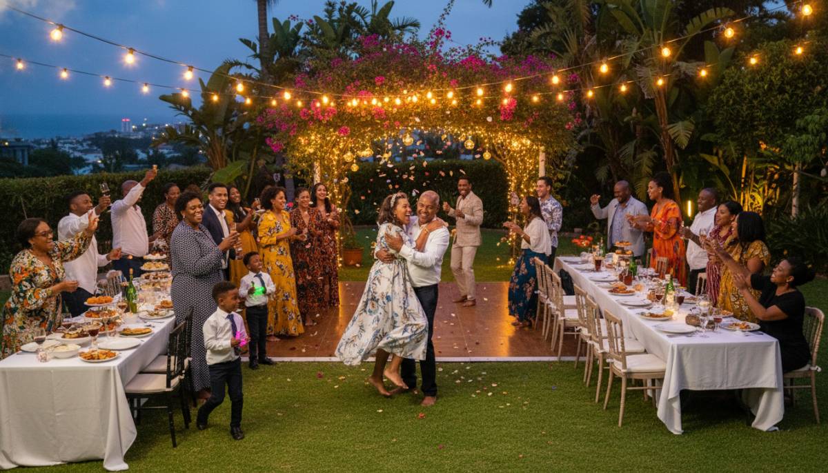 Family celebrating at a romantic garden anniversary party