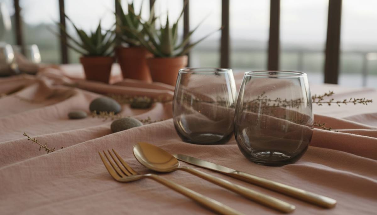 Romantic table setting with linen and brass details