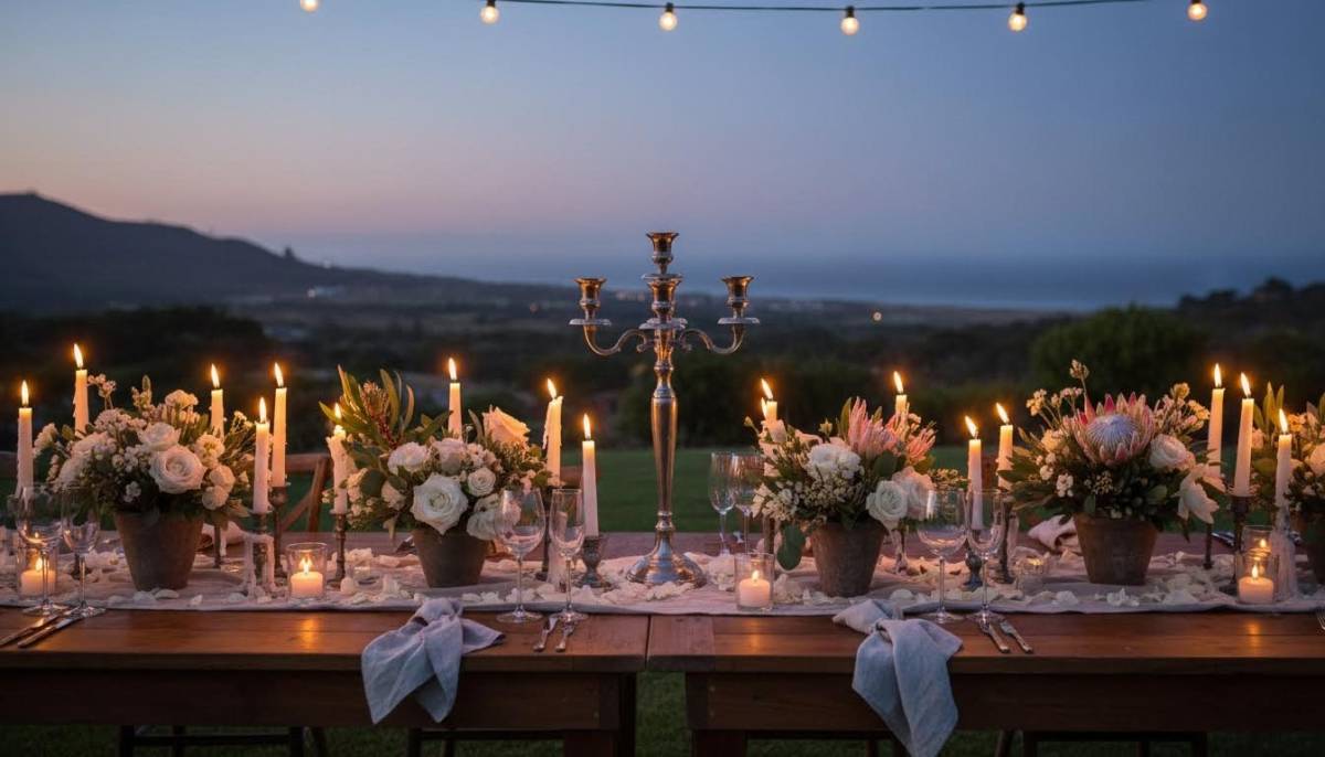 Romantic party table after sunset with candles and florals