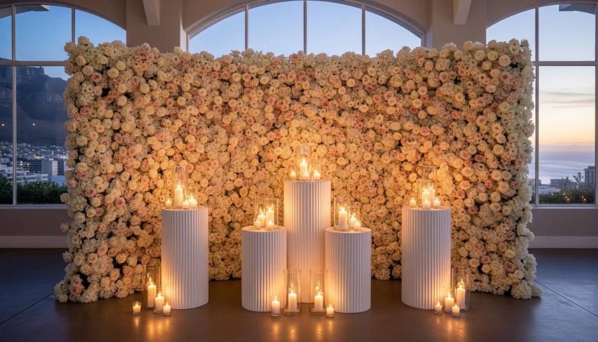 Soft floral wall and plinths in an empty venue