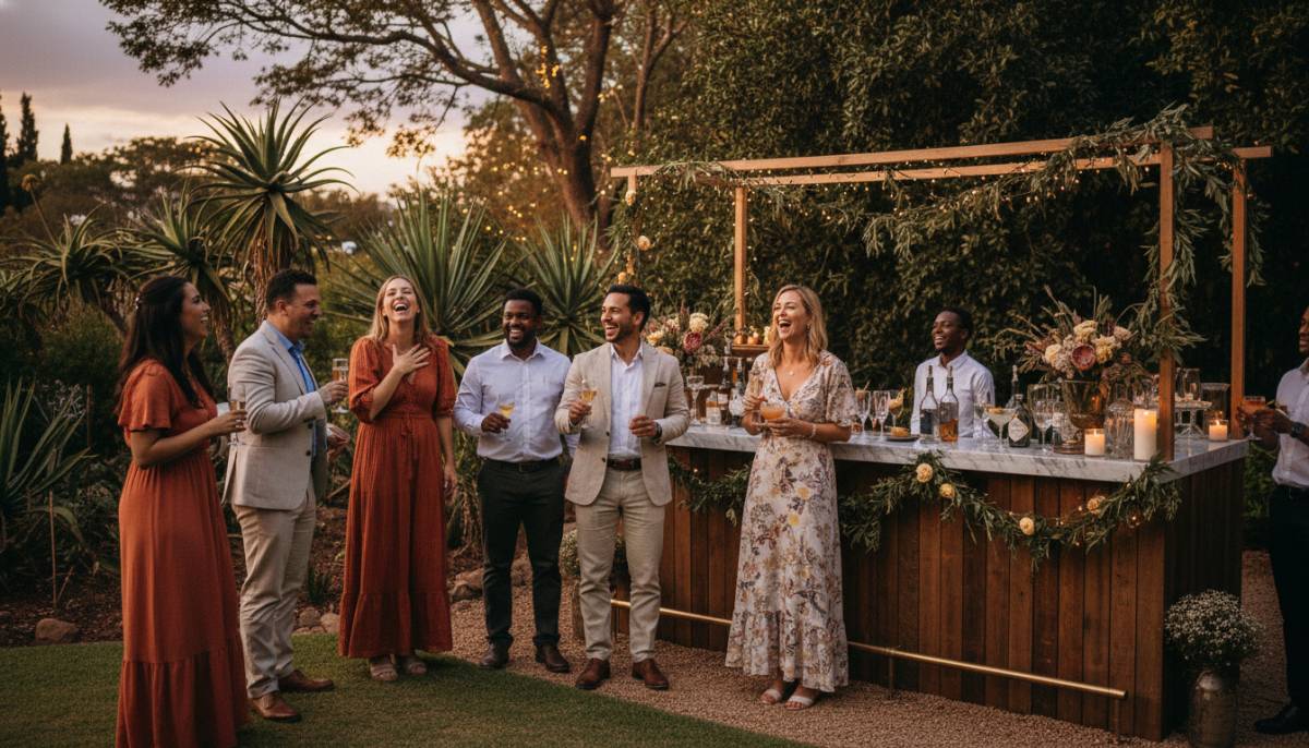 Guests beside a romantic outdoor bar setup