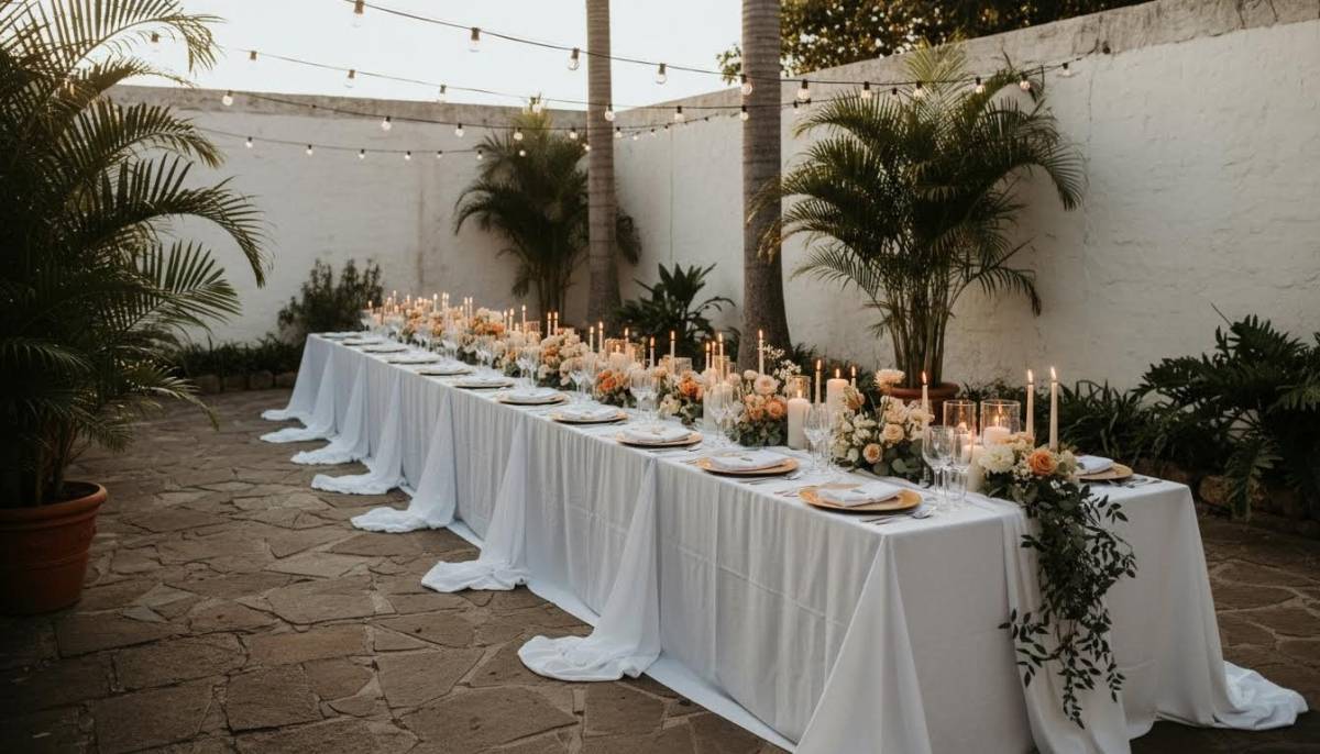 Long romantic table set up in a courtyard