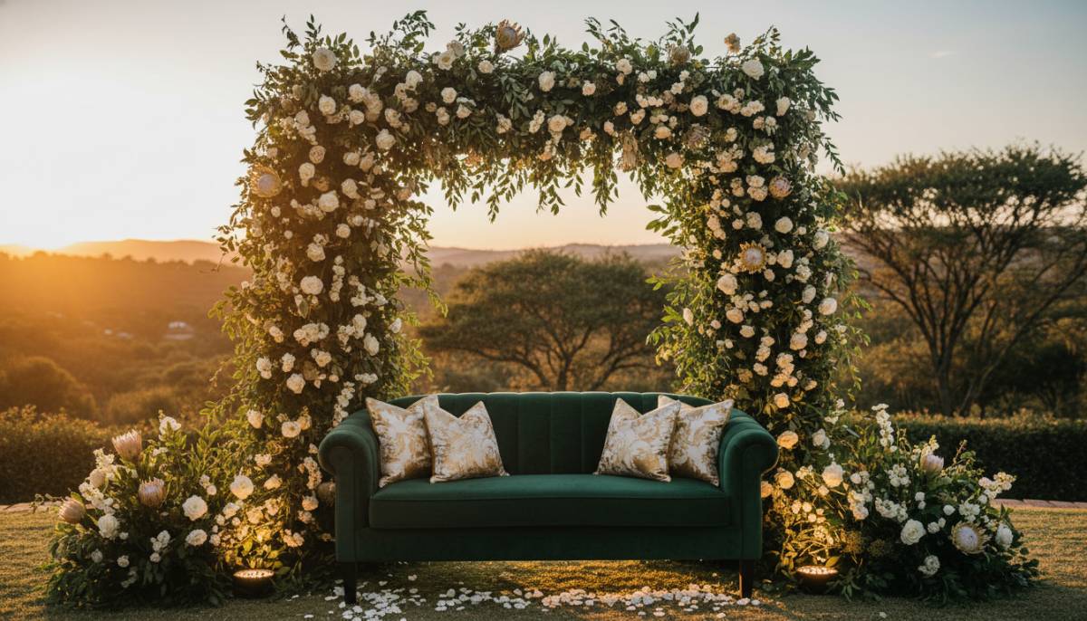 Romantic floral backdrop with bench and warm lighting
