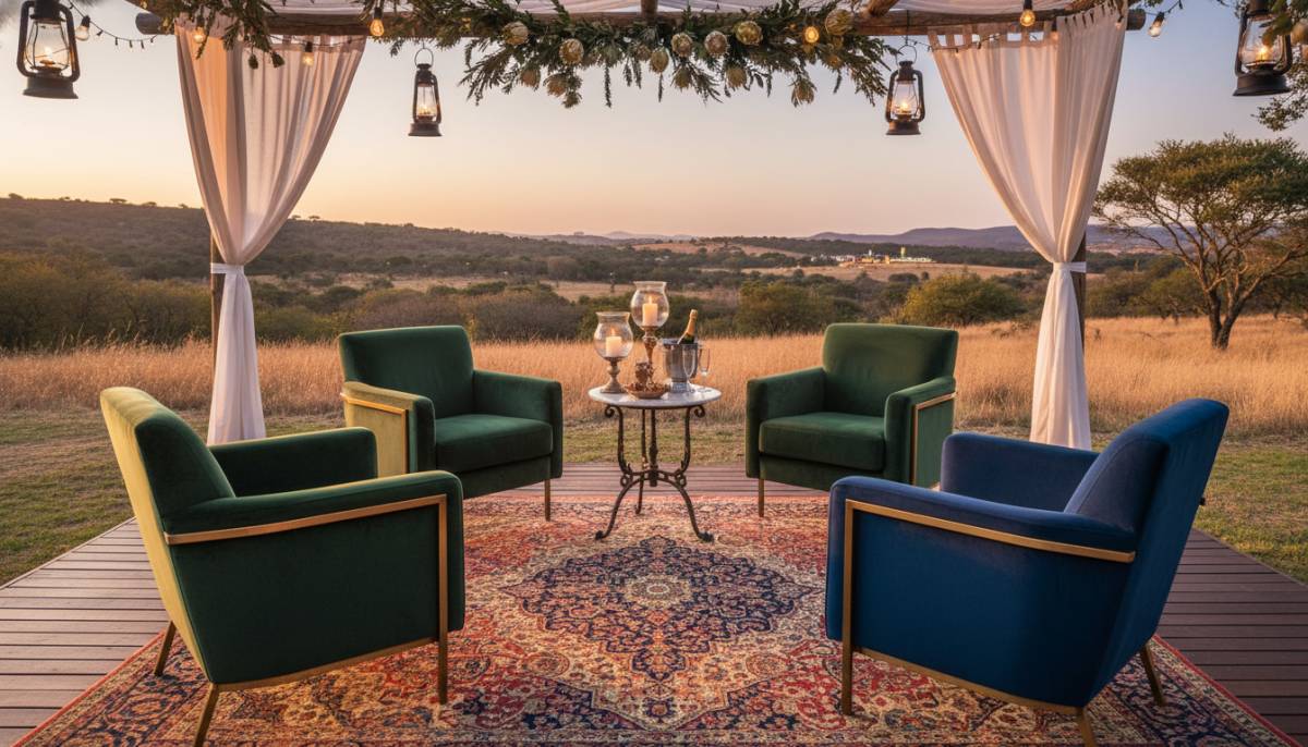Romantic lounge corner with velvet chairs and rug