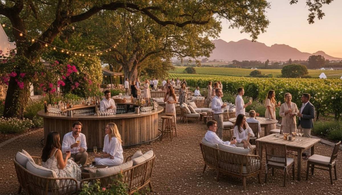 Romantic garden bar with guests at golden hour