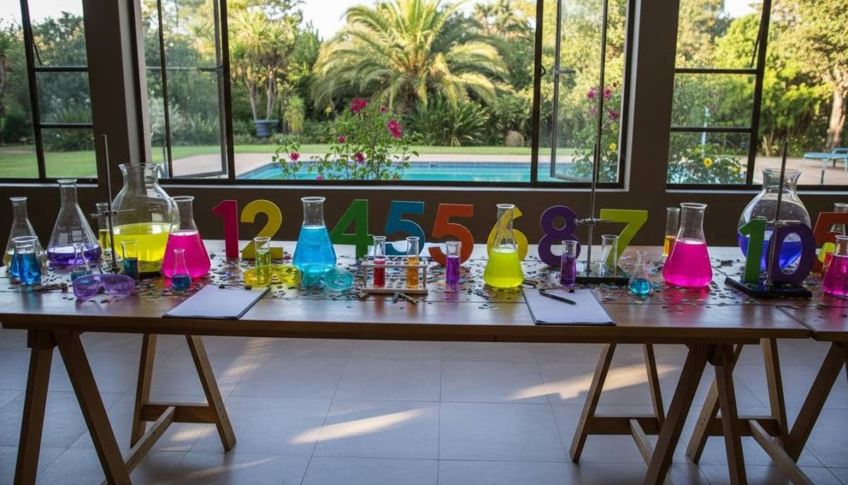 Science party supplies laid out on a table