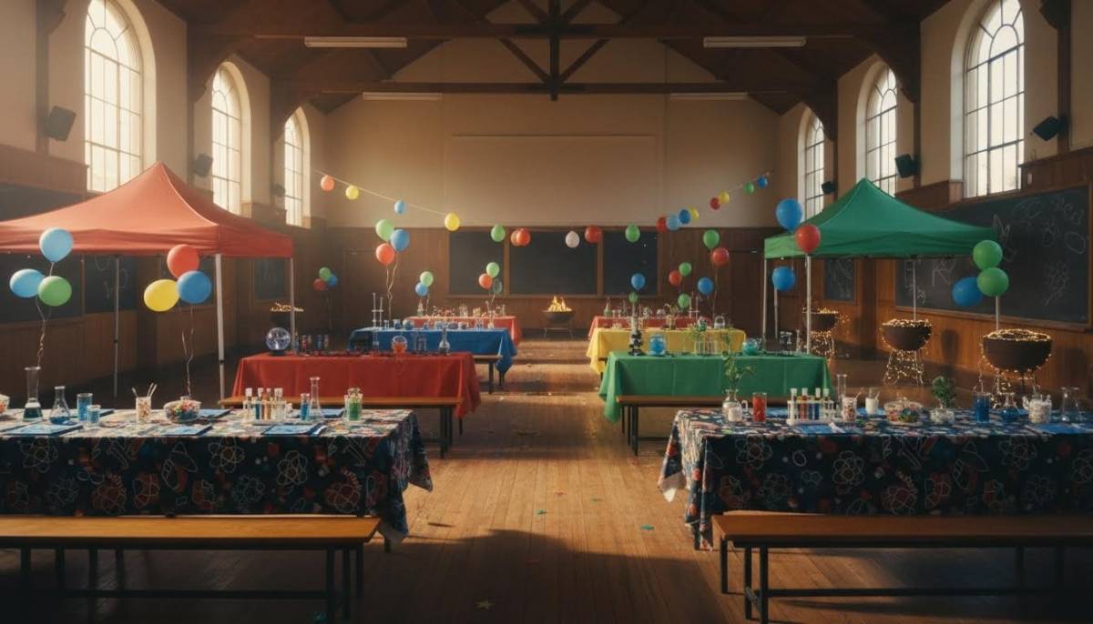 Empty school hall prepared for a science themed party