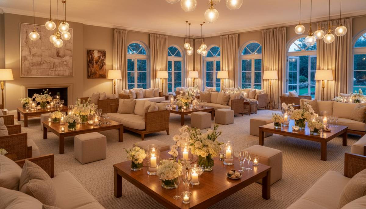 Warm lighting and soft decor in a home sip and see