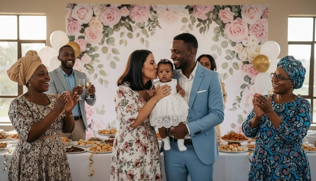 Family taking photos at a sip and see backdrop