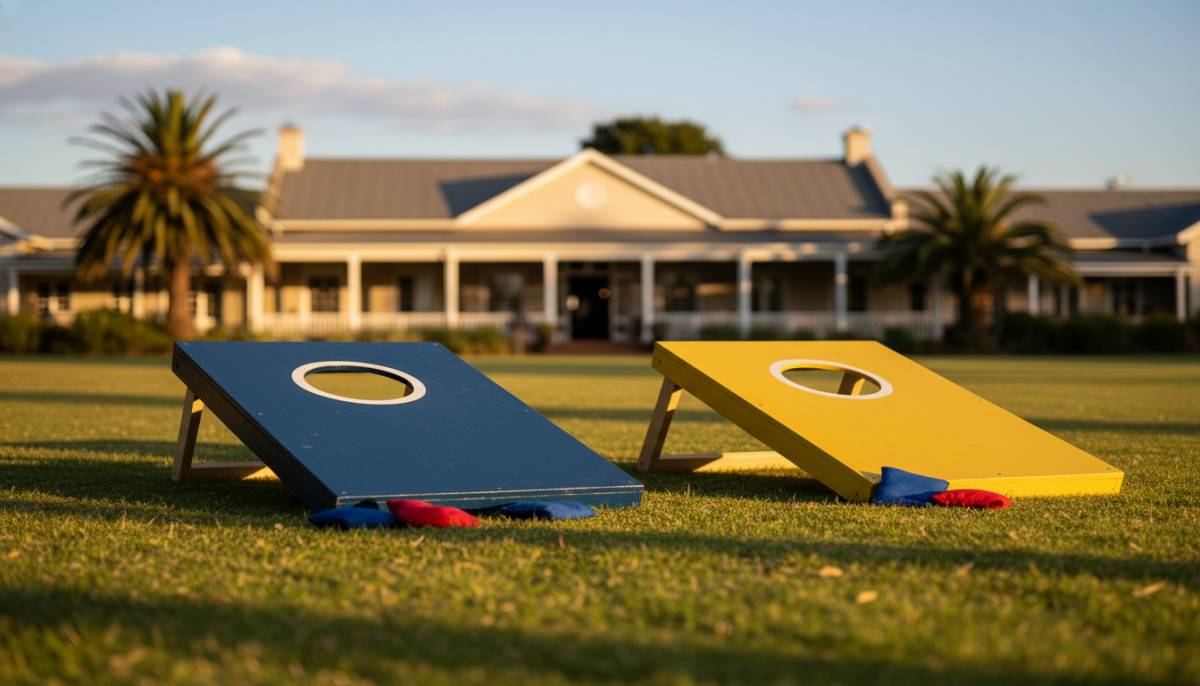 Beanbag toss boards set up on grass