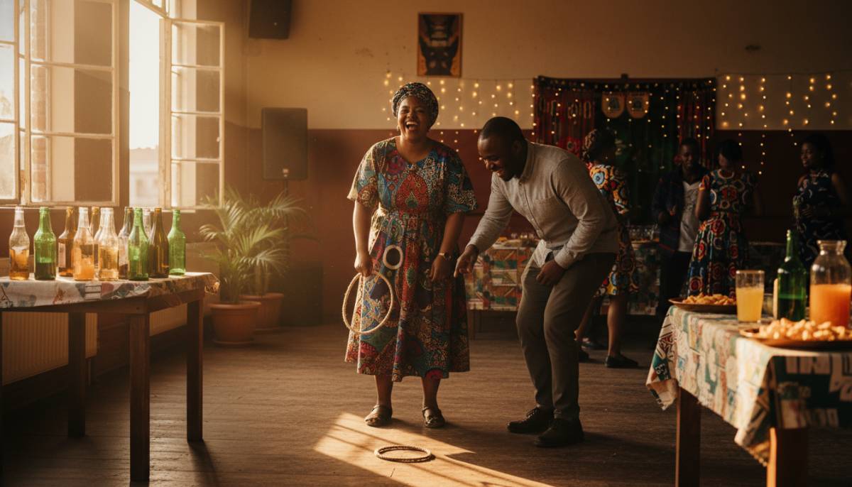 Guests playing a ring toss game indoors