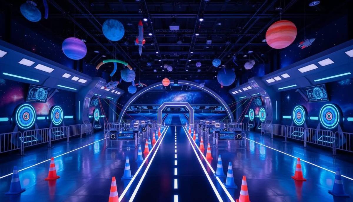 A safe indoor space battle training course with cones, foam props and glowing targets
