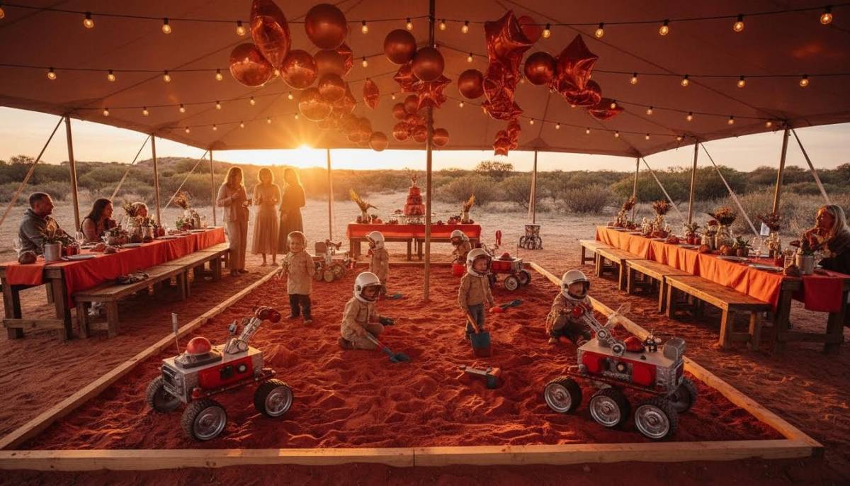 Mars themed birthday setup with rover props and red planet decor