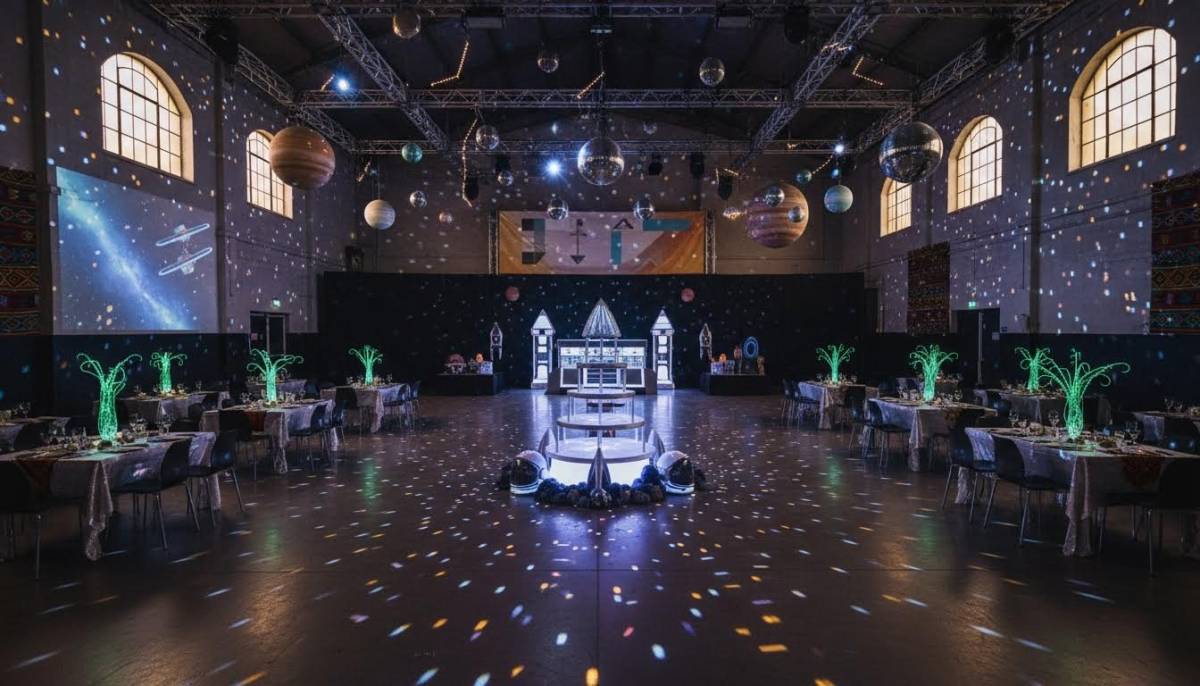 Astronaut training birthday party with obstacle course and rocket backdrop